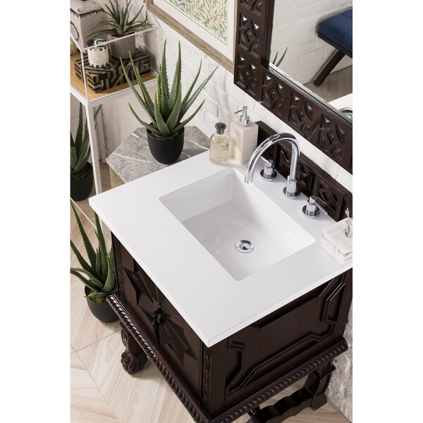 Balmoral 26in Single Vanity, Antique Walnut W/ 3 CM White Zeus Quartz Top